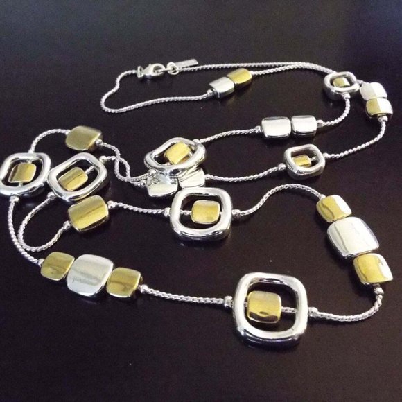 LIZ & CO ELISABETH CLAIBORNE GOLD AND SILVER SQUARES 33" LONG NECKLACE 40A - Picture 3 of 3